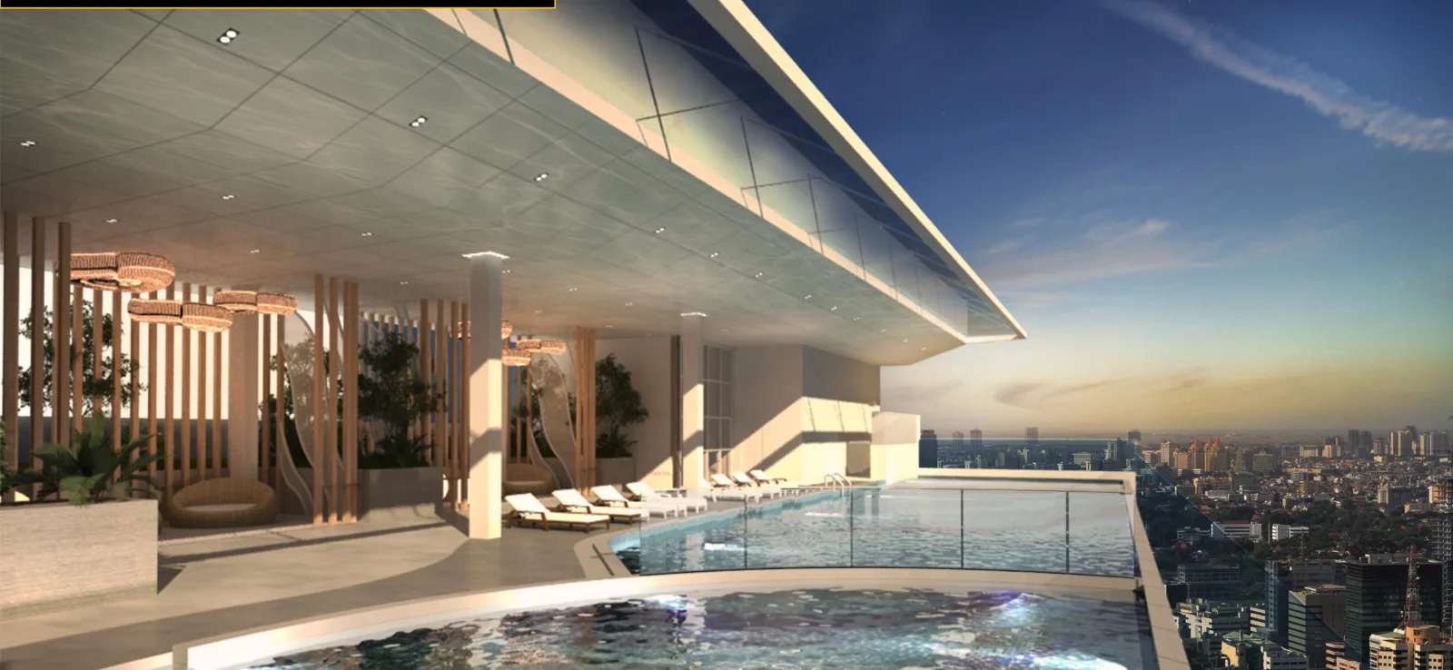 Golden Crown Residence infinity pool at dusk with city views, artist's impression