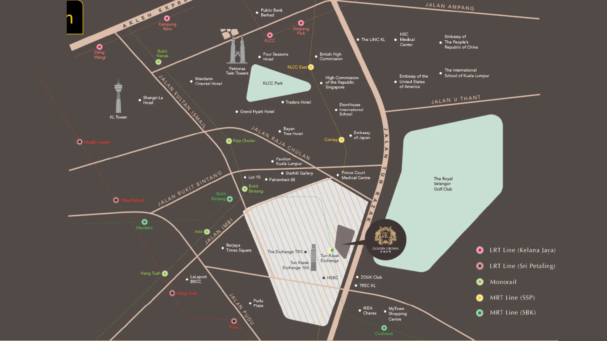Location map of Golden Crown Residence beside TRX on Jalan Tun Razak, with MRT, LRT and monorail stations nearby