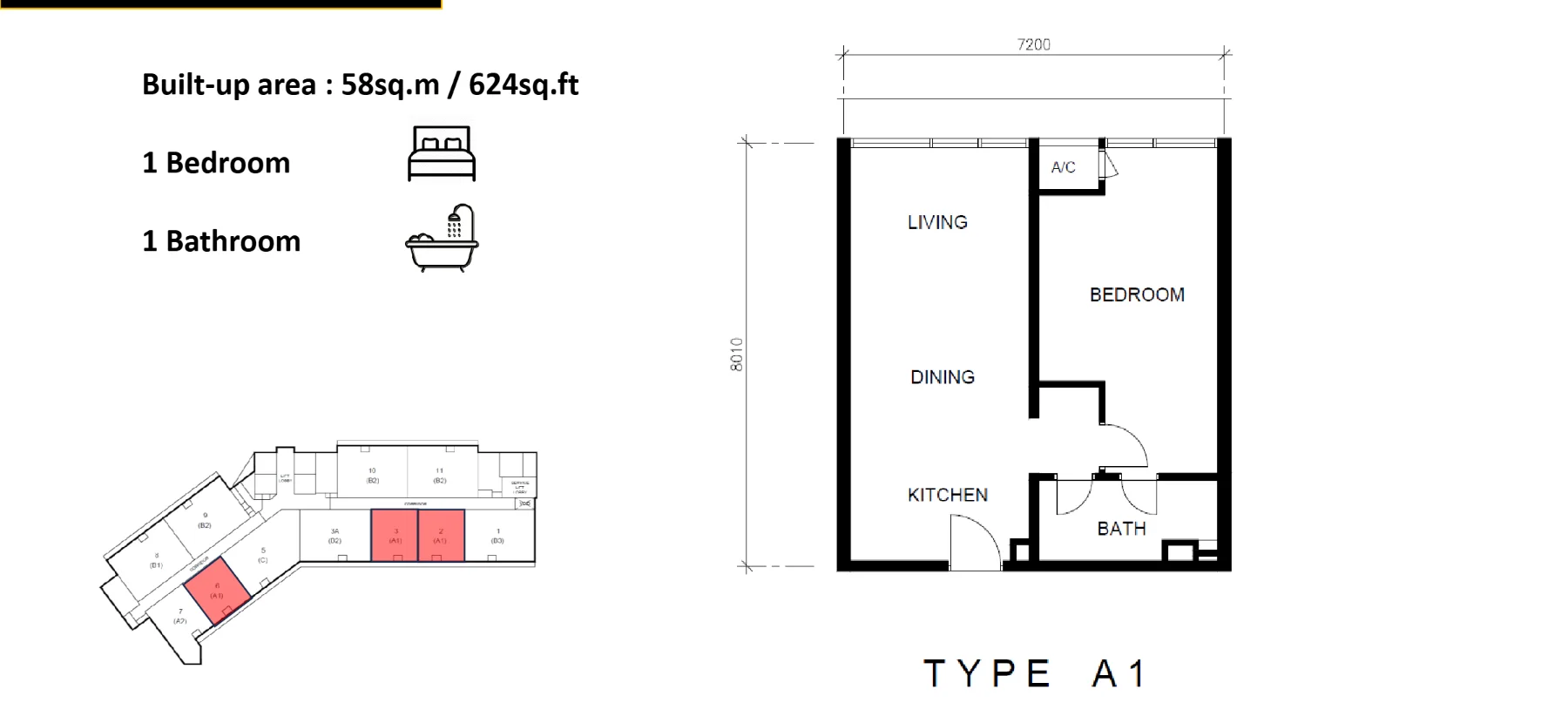 Golden Crown Residence floor plan Type A1, 624 sq ft, 1 bed, 1 bath