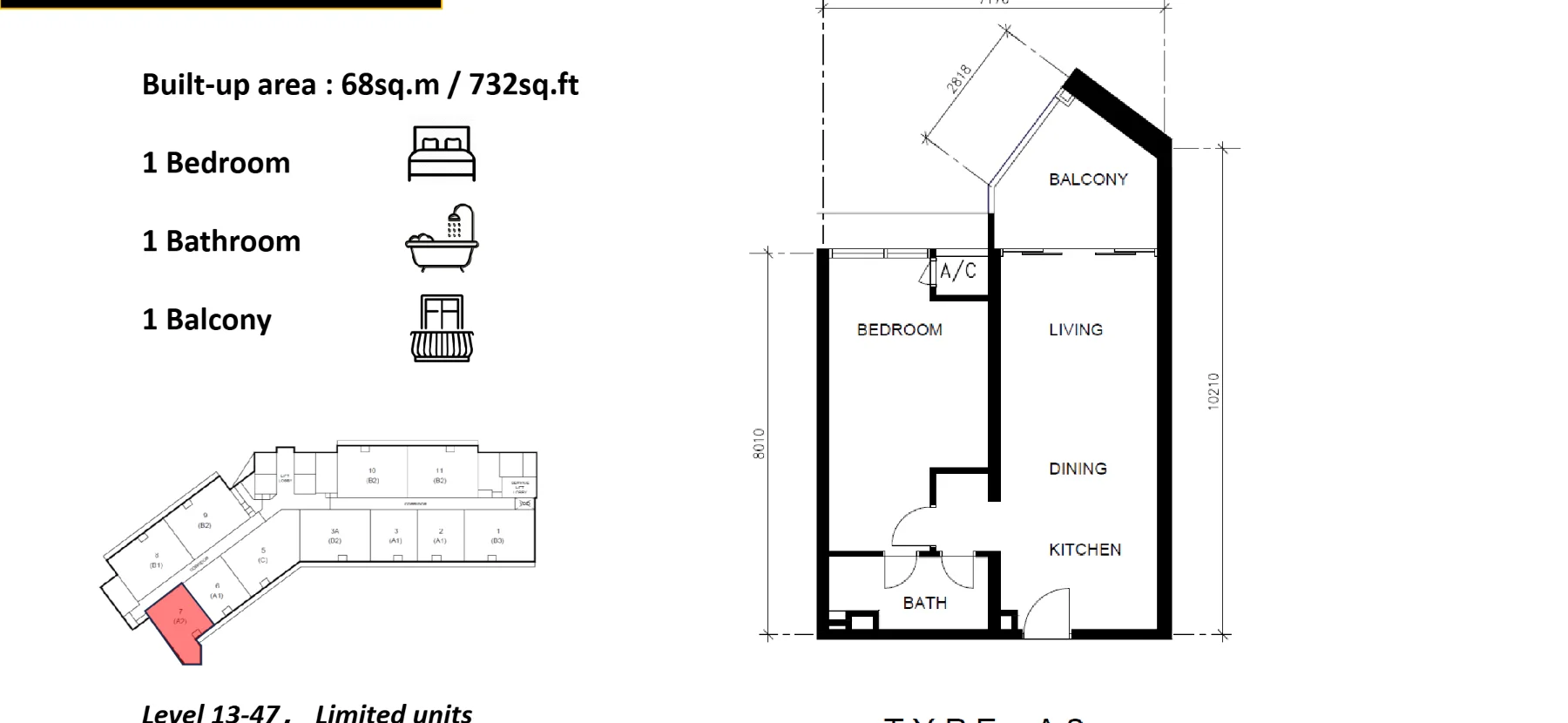 Golden Crown Residence floor plan Type A2, 732 sq ft, 1 bed, 1 bath, balcony