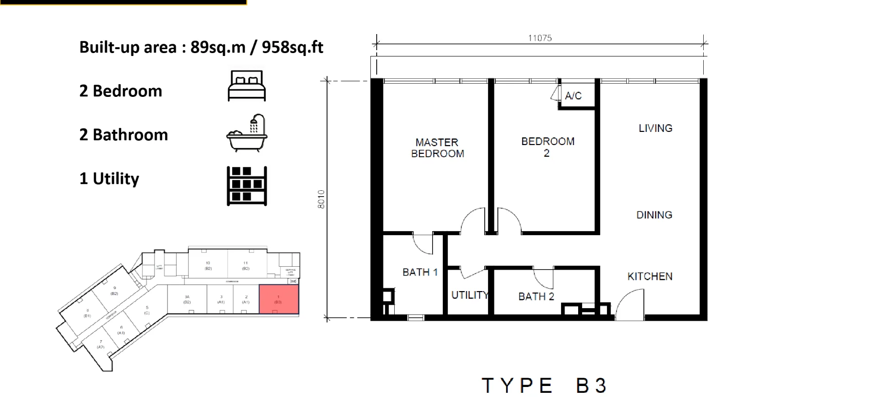 Golden Crown Residence floor plan Type B3, 958 sq ft, 2 bed, 2 bath, utility