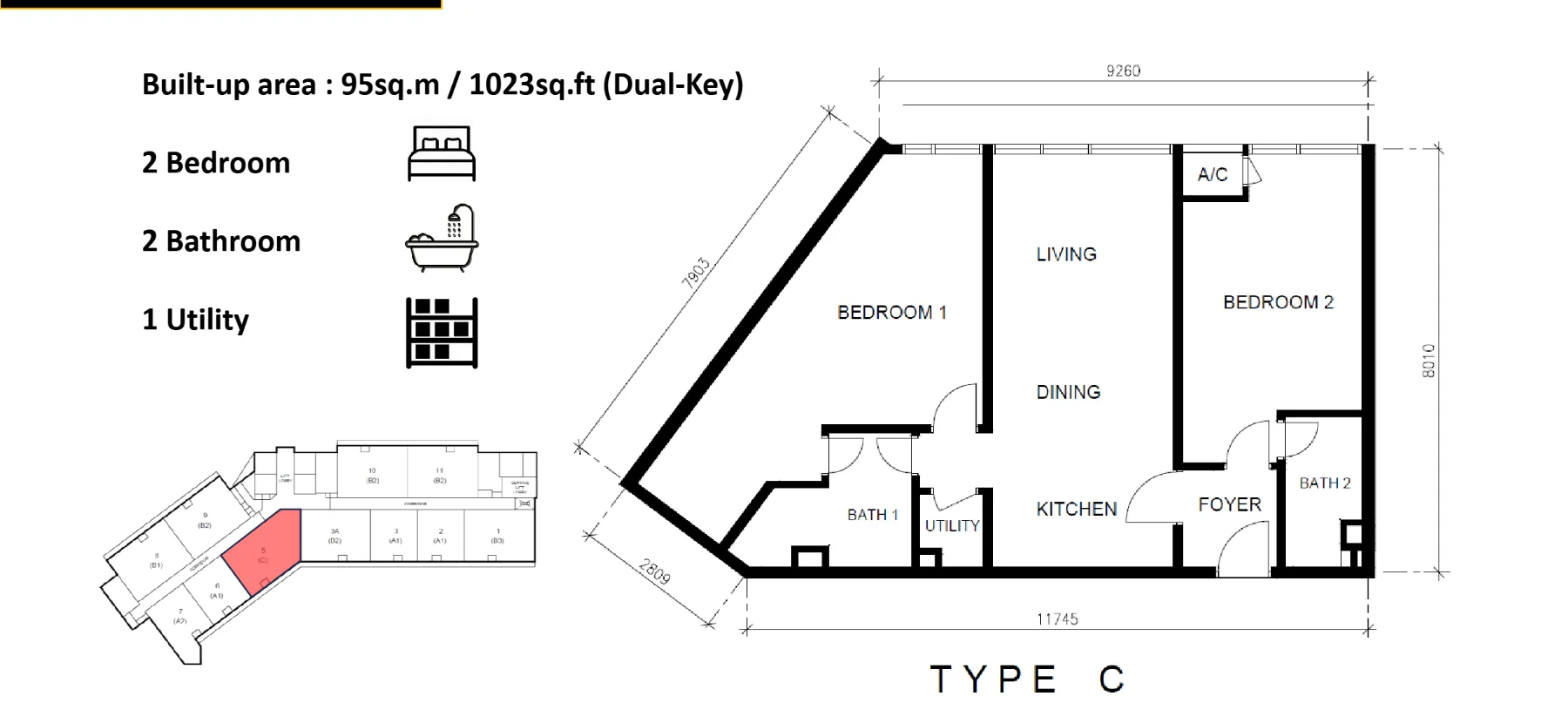 Golden Crown Residence floor plan Type C, 1,023 sq ft, Dual-key, 2 bed, 2 bath